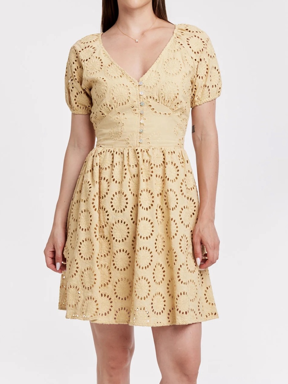 Another Love Fiora Eyelet Mini Dress in Sunflower Yellow size S